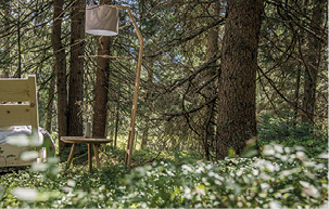 Holzbett mit Rückenlehne, Nachttisch und Leiterlampe im Wald