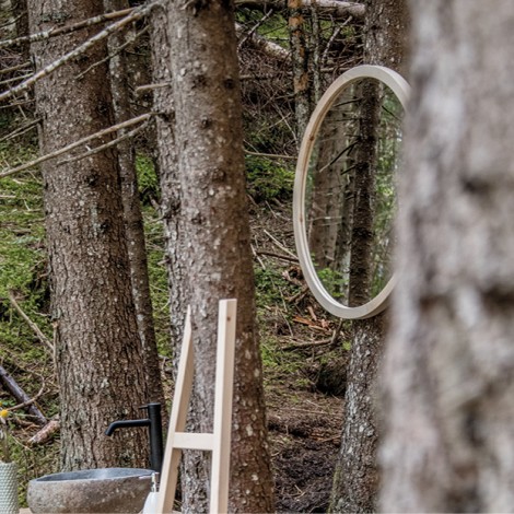 Badezimmerspiegel mit Holzrahmen und Leiterlampe inmitten von Bäumen im Wald